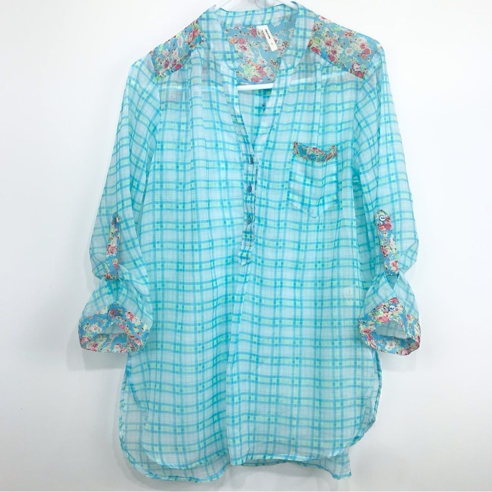 Truth Plaid Floral Teal Semi Sheer Button Down Cottagecore Blouse - Picture 1 of 13